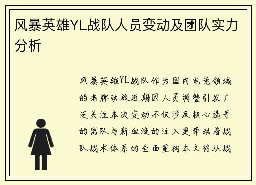 风暴英雄YL战队人员变动及团队实力分析