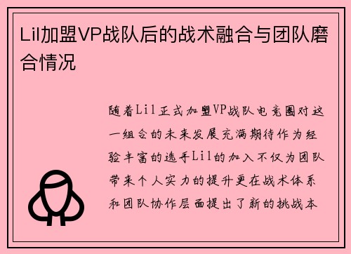 Lil加盟VP战队后的战术融合与团队磨合情况